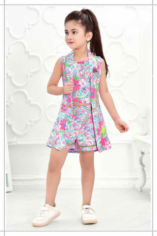Trendy Pink Floral Printed Shorts And Crop Top Set For Girls - Lagorii Kids
