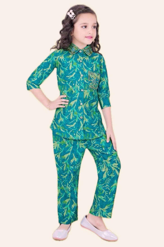 Turquoise Green Floral Printed Co-ord Set For Girls - Lagorii Kids