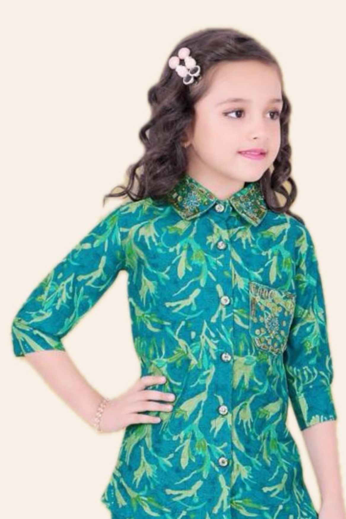 Turquoise Green Floral Printed Co-ord Set For Girls - Lagorii Kids