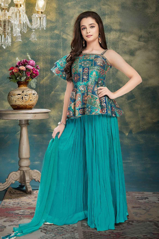 Turquoise Green Indo-Western Printed Palazzo Set For Girls - Lagorii Kids