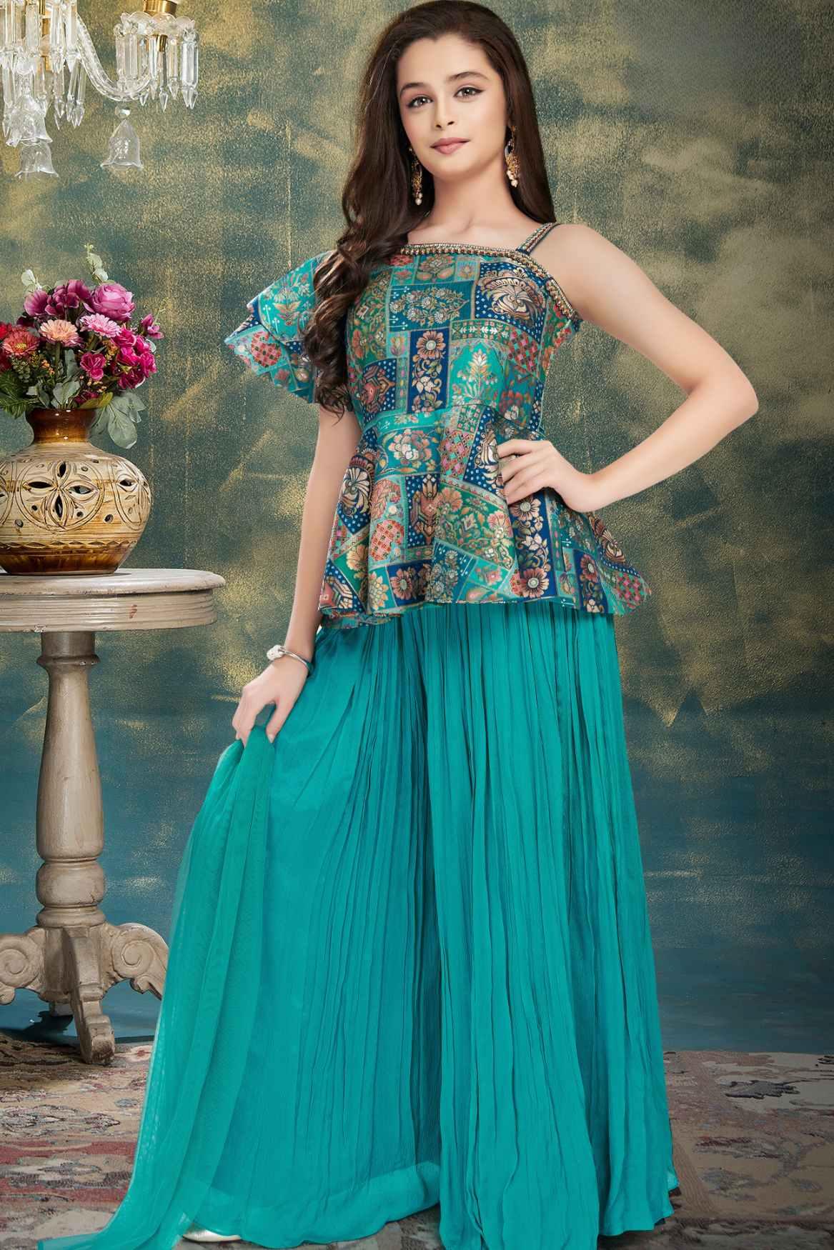 Turquoise Green Indo-Western Printed Palazzo Set For Girls - Lagorii Kids