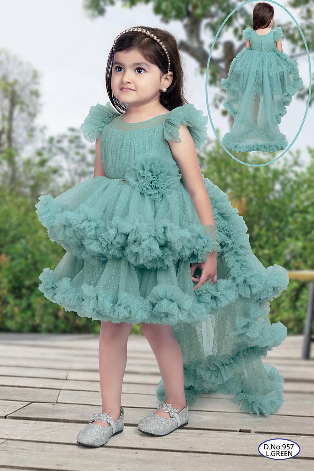 Turquoise green multilayer ruffle frock with tail back for girls. - Lagorii Kids