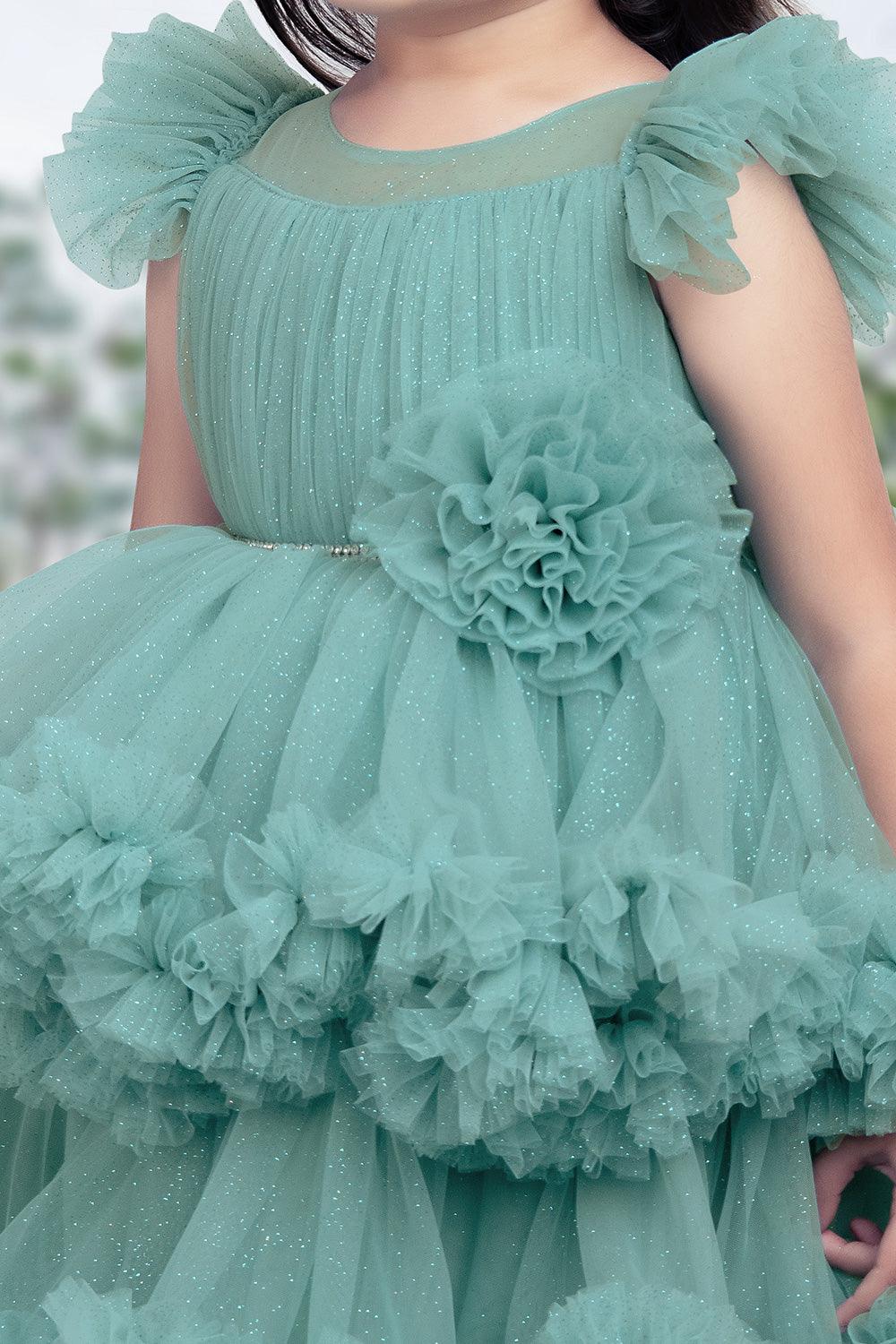 Turquoise green multilayer ruffle frock with tail back for girls. - Lagorii Kids