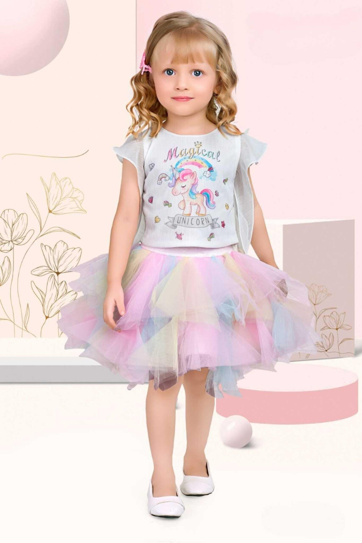 Unicorn Butterfly Style Cream Top With Multicolour Skirt Set For Girls - Lagorii Kids