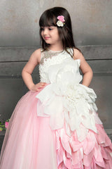 Whimsical White and Pink Party Wear Ballroom Gown - Lagorii Kids