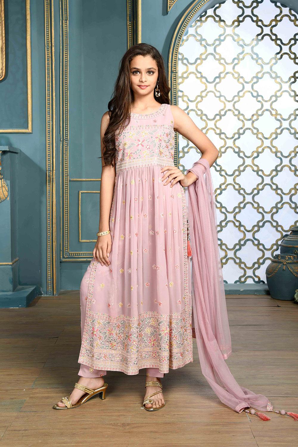 Whispering Petals: Light Pink Georgette Palazzo Set for Girls. - Lagorii Kids