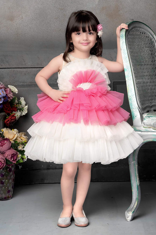 White and Pink Ruffle Netted Frock for Girls. - Lagorii Kids