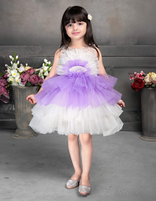 White and Purple Ruffle Netted Frock for Girls. - Lagorii Kids