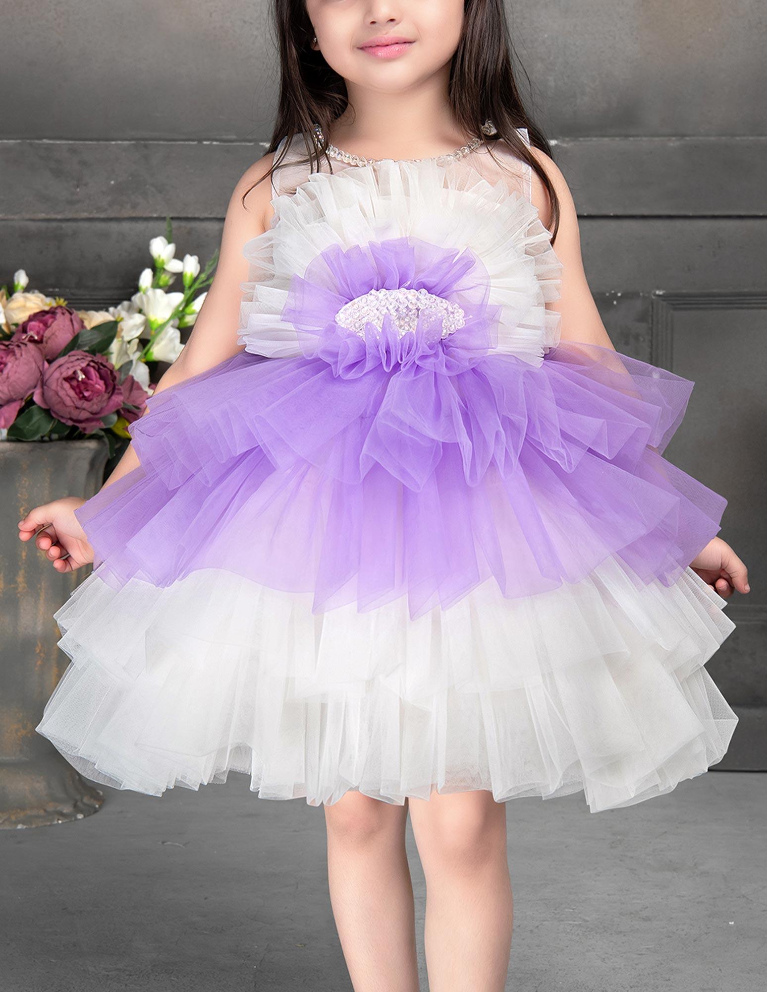 White and Purple Ruffle Netted Frock for Girls. - Lagorii Kids