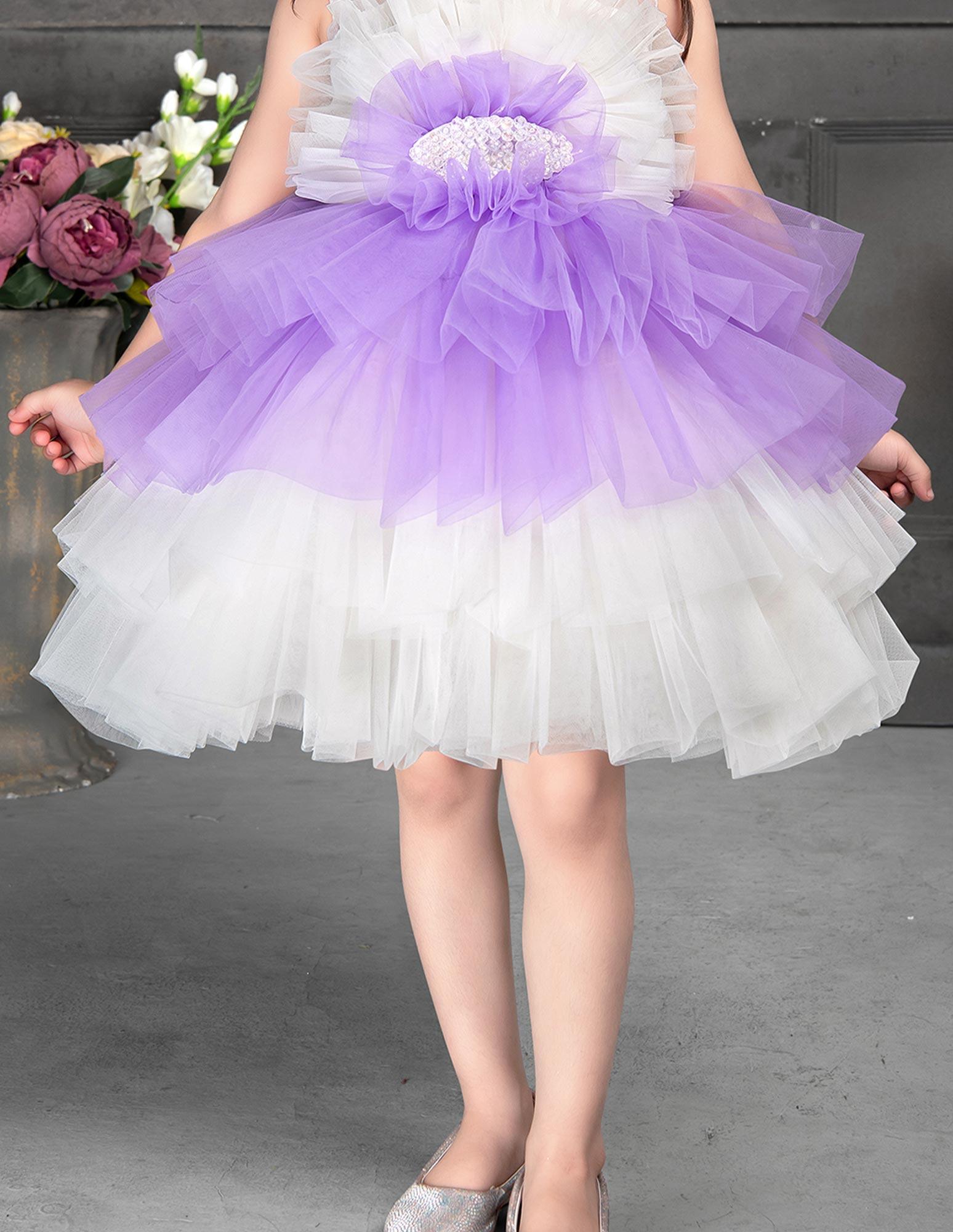 White and Purple Ruffle Netted Frock for Girls. - Lagorii Kids