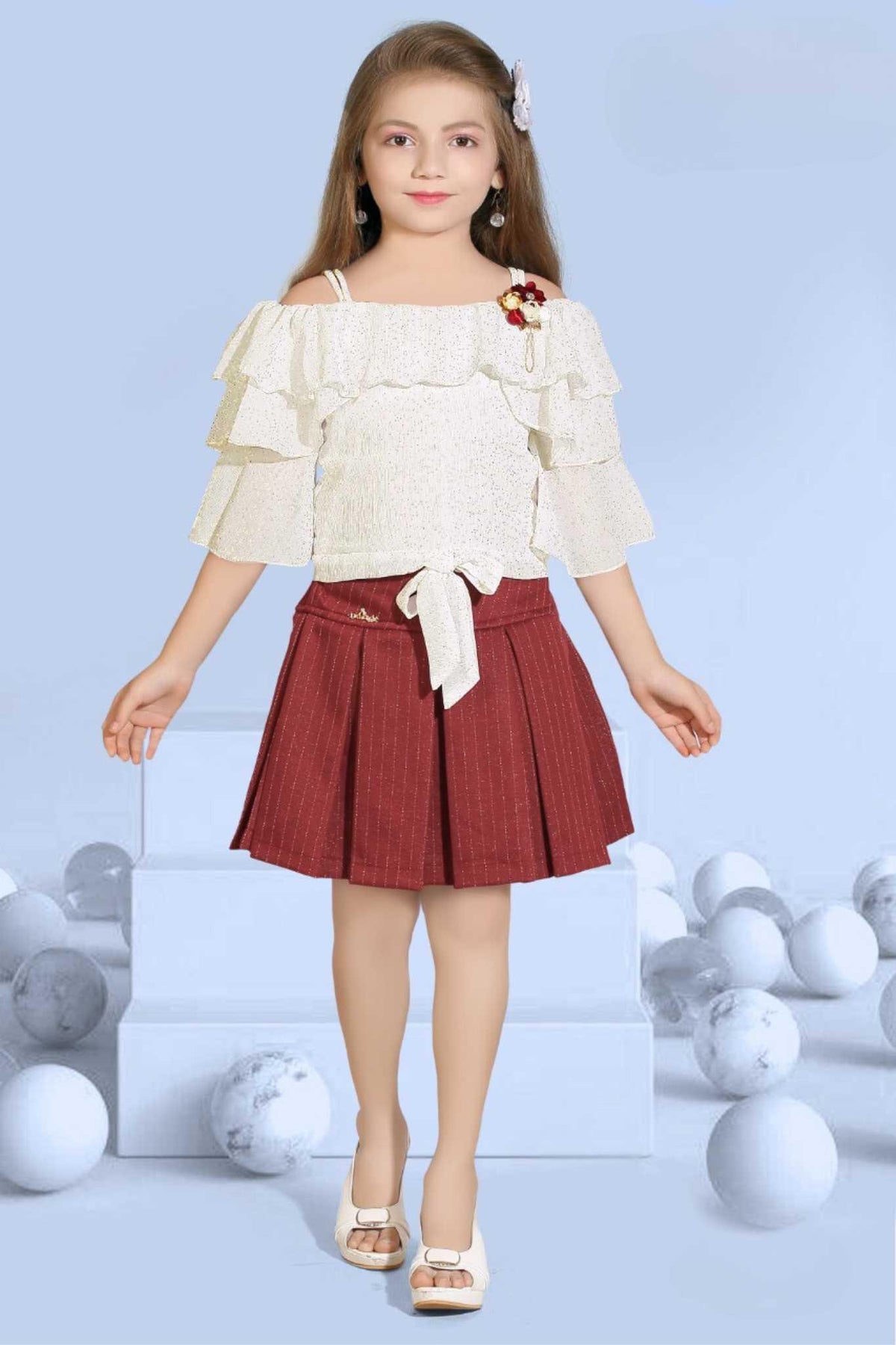 White Broad Neck Top With Pleated Maroon Skirt Set For Girls - Lagorii Kids