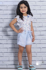 White Chiffon Floral Printed Top With Blue Shorts Set For Girls - Lagorii Kids
