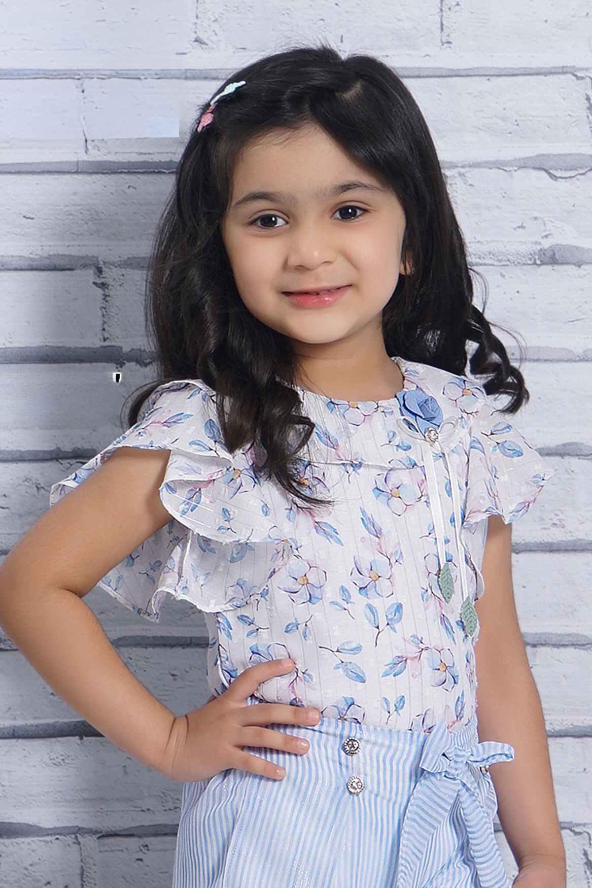 White Chiffon Floral Printed Top With Blue Shorts Set For Girls - Lagorii Kids