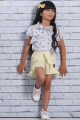 White Chiffon Floral Printed Top With Yellow Shorts Set For Girls - Lagorii Kids