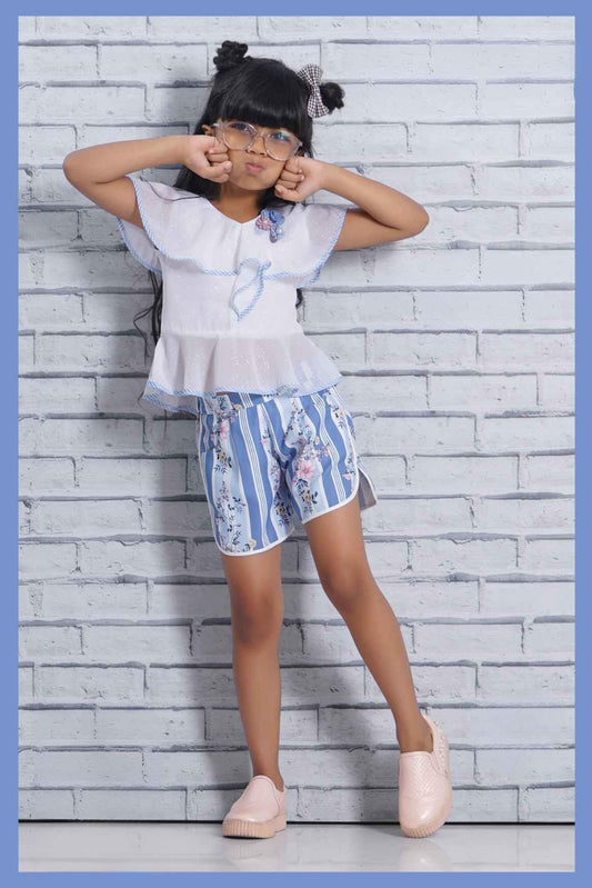 White Chiffon Top With Blue Shorts With Floral Print Set For Girls - Lagorii Kids