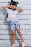 White Chiffon Top With Blue Shorts With Floral Print Set For Girls - Lagorii Kids