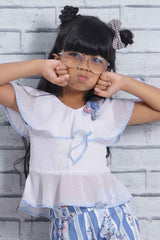 White Chiffon Top With Blue Shorts With Floral Print Set For Girls - Lagorii Kids