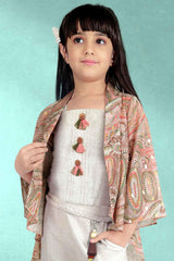 White Co-ord Set With Printed Overcoat For Girls - Lagorii Kids