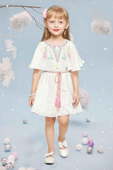 White Cotton Embroidered Frock With Detachable Belt For Girls - Lagorii Kids
