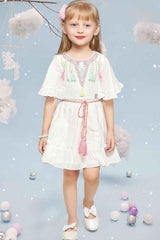 White Cotton Embroidered Frock With Detachable Belt For Girls - Lagorii Kids