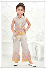 White Floral Print Co Ord Set With Sling Bag For Girls - Lagorii Kids