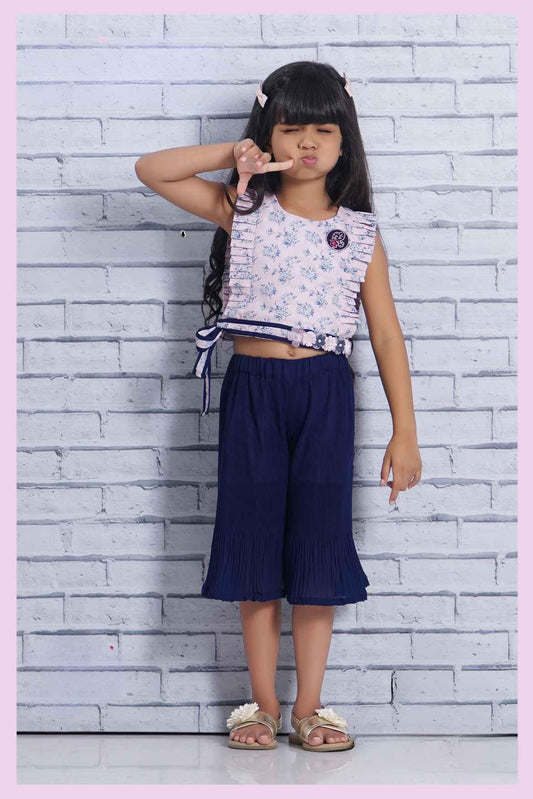 White Frilled Top With Floral Print And Blue Palazzo Set For Girls - Lagorii Kids