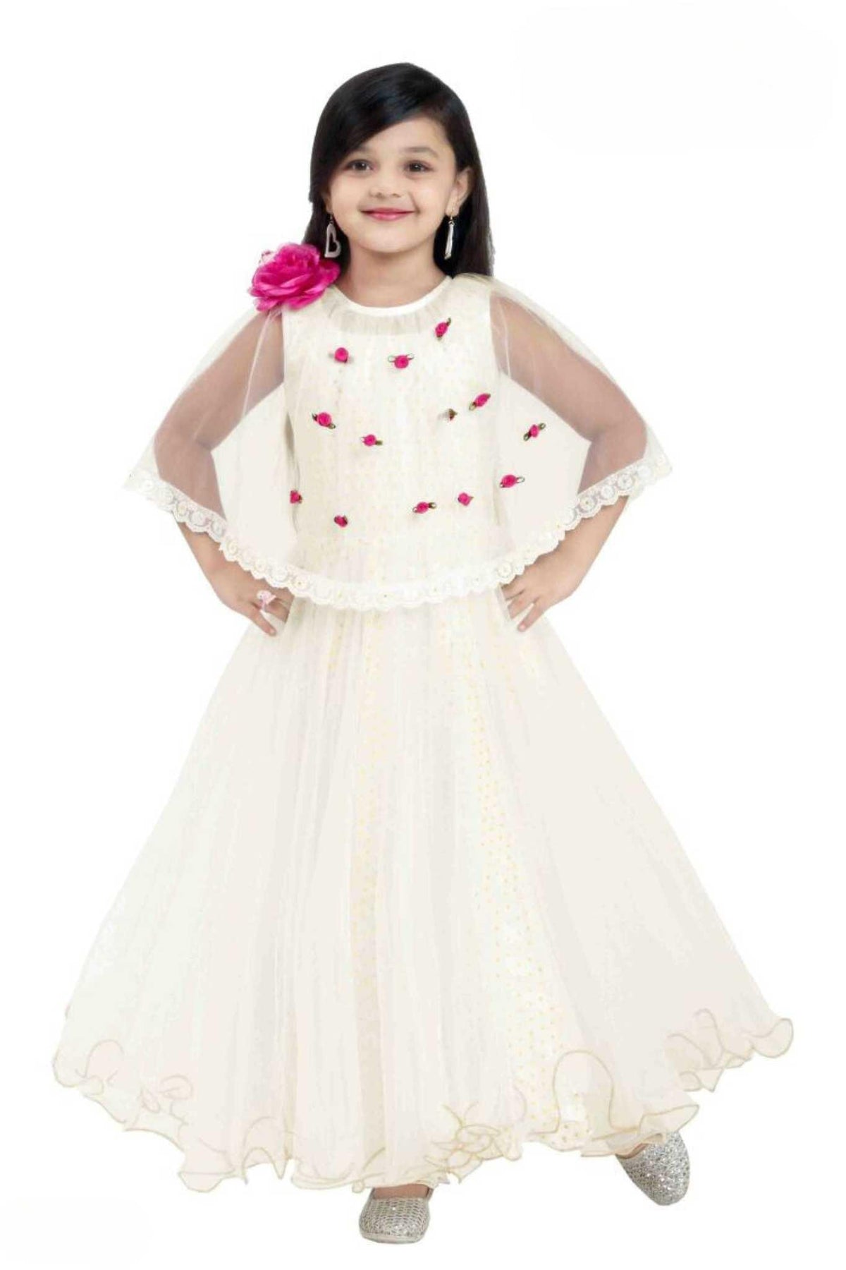 White Gown With Netted Cape And Embellished Pink Flowers For Girls - Lagorii Kids