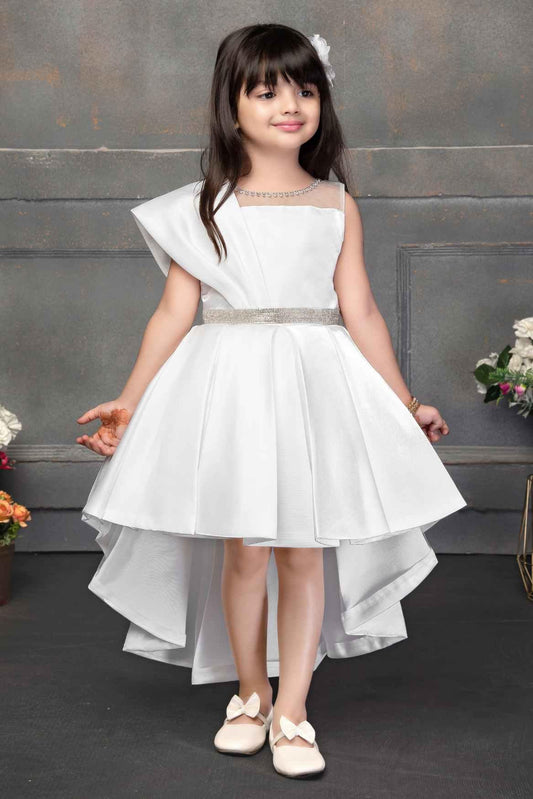 White High Low Satin Partywear Frock With Stone Work For Girls - Lagorii Kids