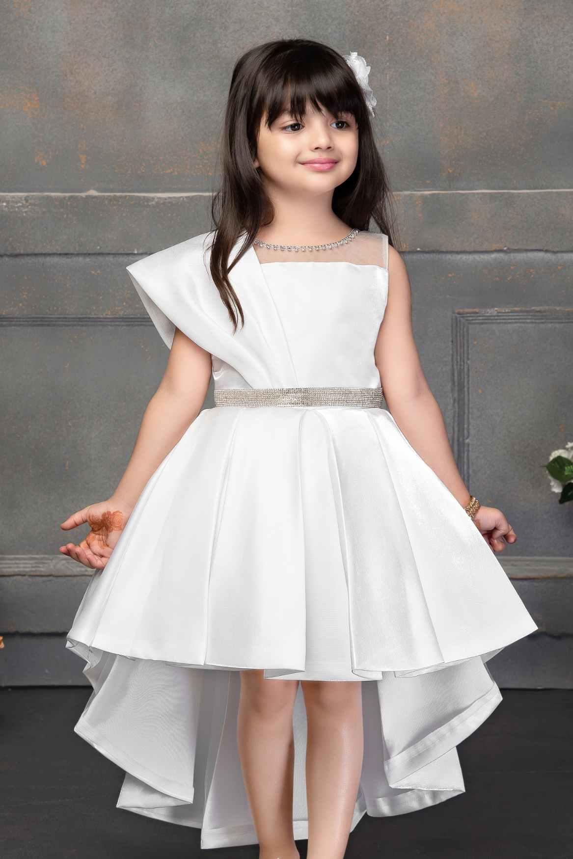 White High Low Satin Partywear Frock With Stone Work For Girls - Lagorii Kids