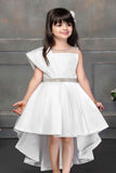 White High Low Satin Partywear Frock With Stone Work For Girls - Lagorii Kids