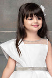 White High Low Satin Partywear Frock With Stone Work For Girls - Lagorii Kids