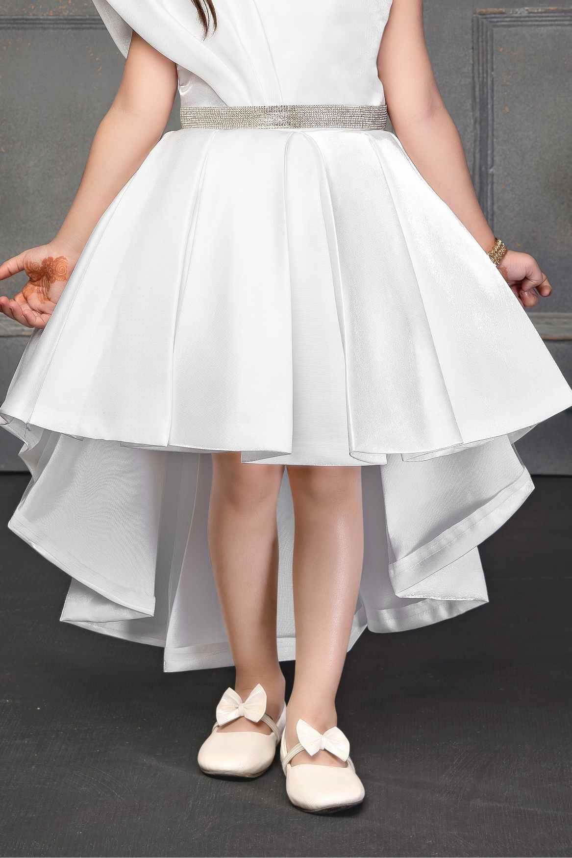 White High Low Satin Partywear Frock With Stone Work For Girls - Lagorii Kids