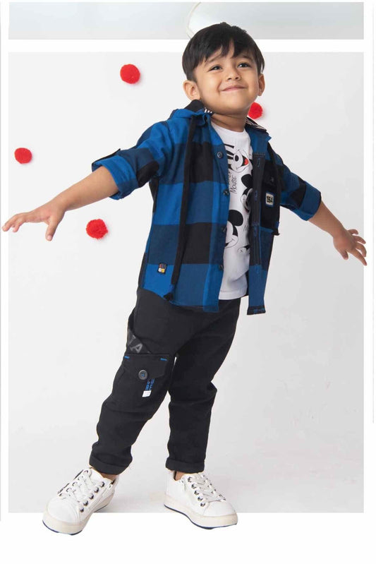 White Mickey Mouse T-Shirt With Blue Checked Overshirt And Black Pant Set For Boys - Lagorii Kids