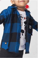 White Mickey Mouse T-Shirt With Blue Checked Overshirt And Black Pant Set For Boys - Lagorii Kids