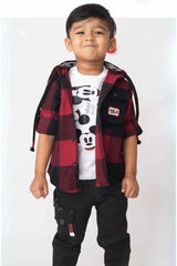 White Mickey Mouse T-Shirt With Red Checked Overshirt And Black Pant Set For Boys - Lagorii Kids