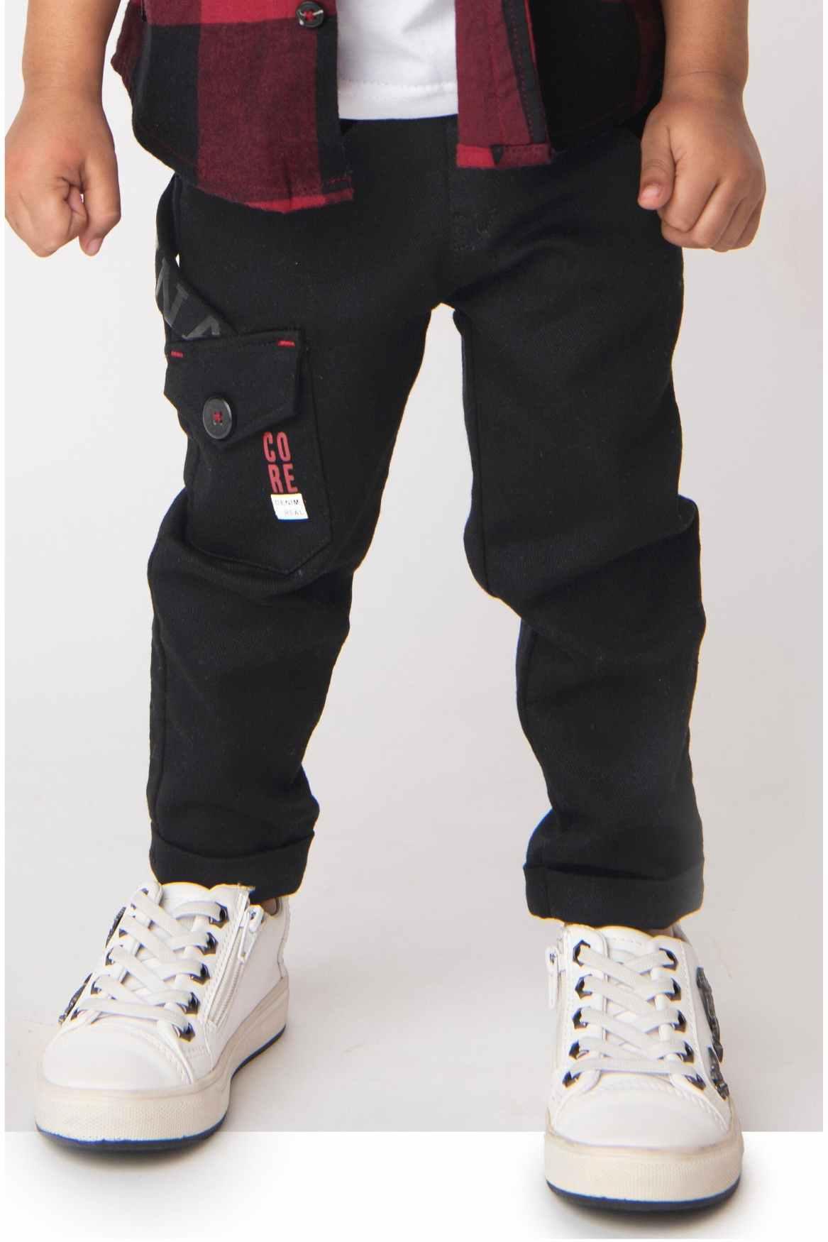 White Mickey Mouse T-Shirt With Red Checked Overshirt And Black Pant Set For Boys - Lagorii Kids