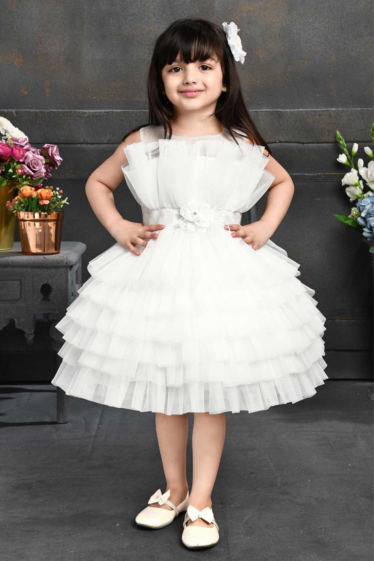 White Multi- Layered Party Wear Frock - Lagorii Kids