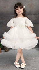 White Multilayer Net Ruffled Partywear Frock With Floral Embellishment For Girls - Lagorii Kids