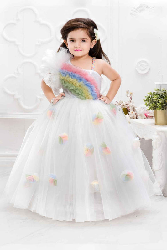 White Net Gown With Rainbow Pattern Ruffle Design For Girls - Lagorii Kids