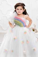 White Net Gown With Rainbow Pattern Ruffle Design For Girls - Lagorii Kids