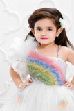 White Net Gown With Rainbow Pattern Ruffle Design For Girls - Lagorii Kids