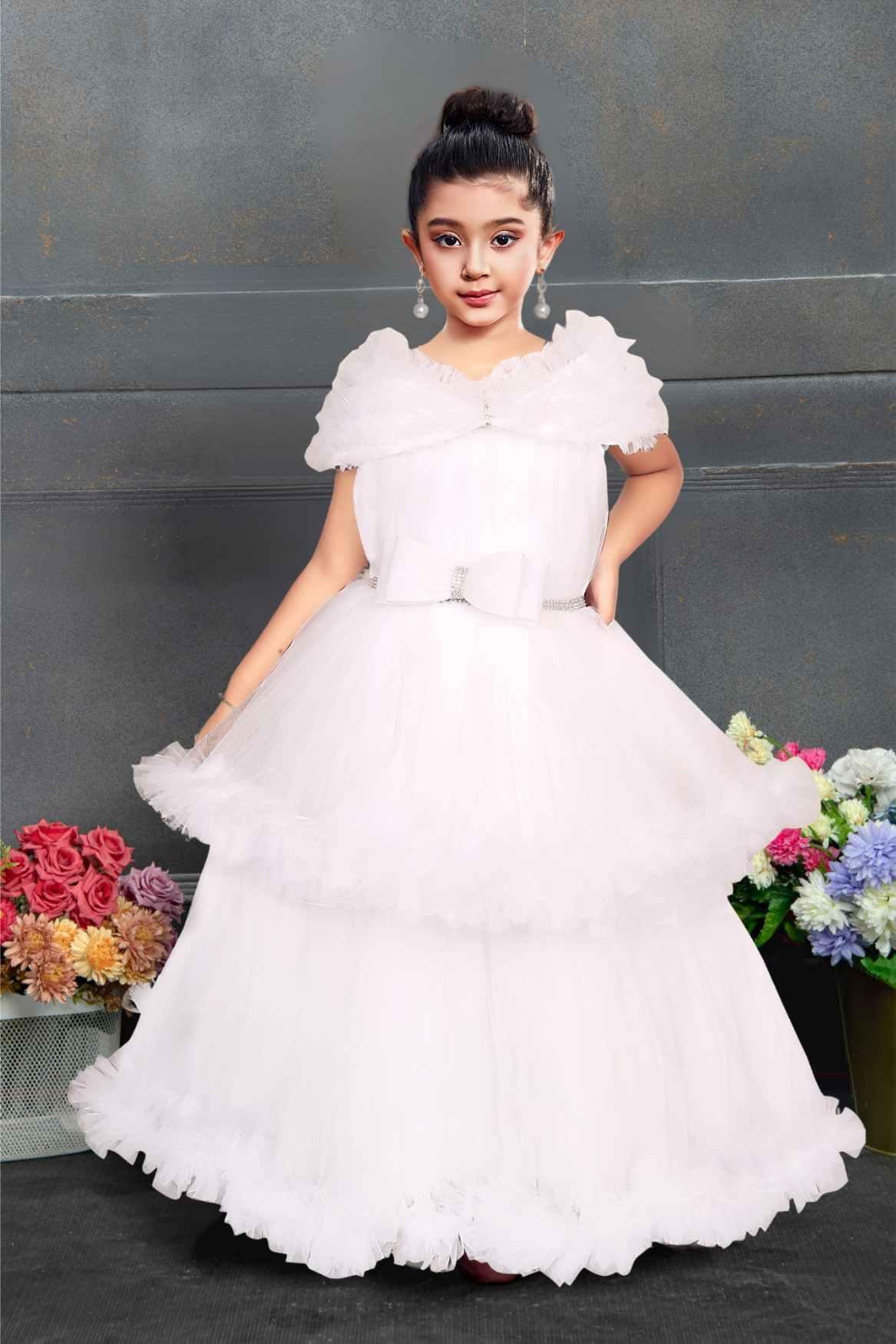 White Net Gown With Ruffled Sleeves For Girls - Lagorii Kids