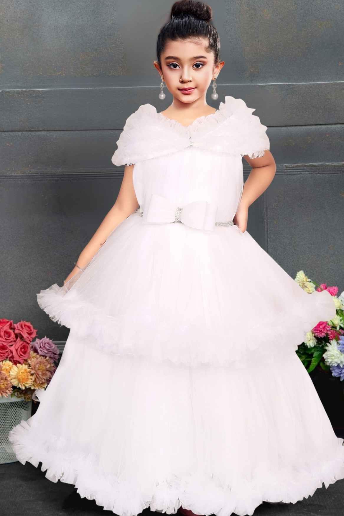 White Net Gown With Ruffled Sleeves For Girls - Lagorii Kids