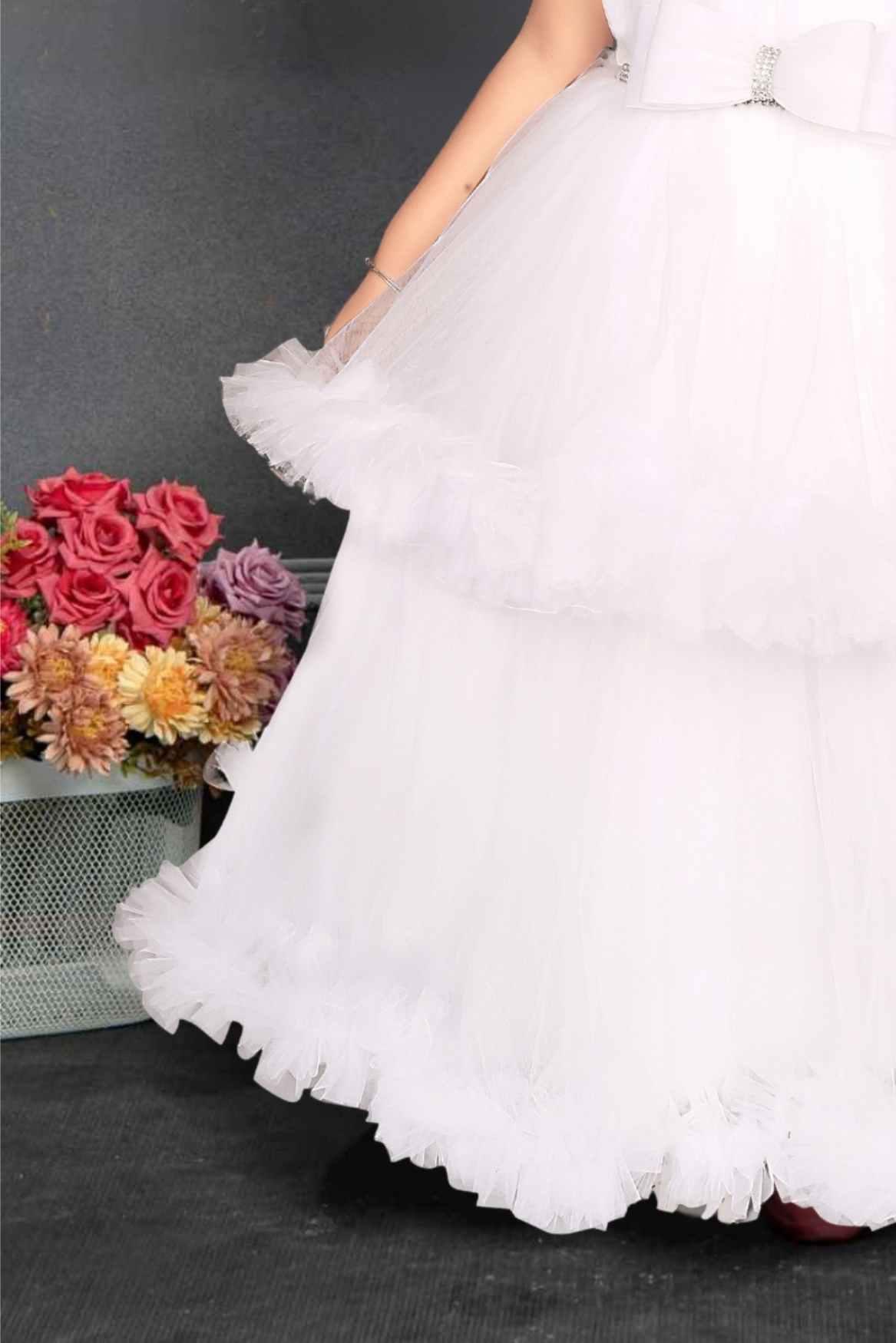 White Net Gown With Ruffled Sleeves For Girls - Lagorii Kids
