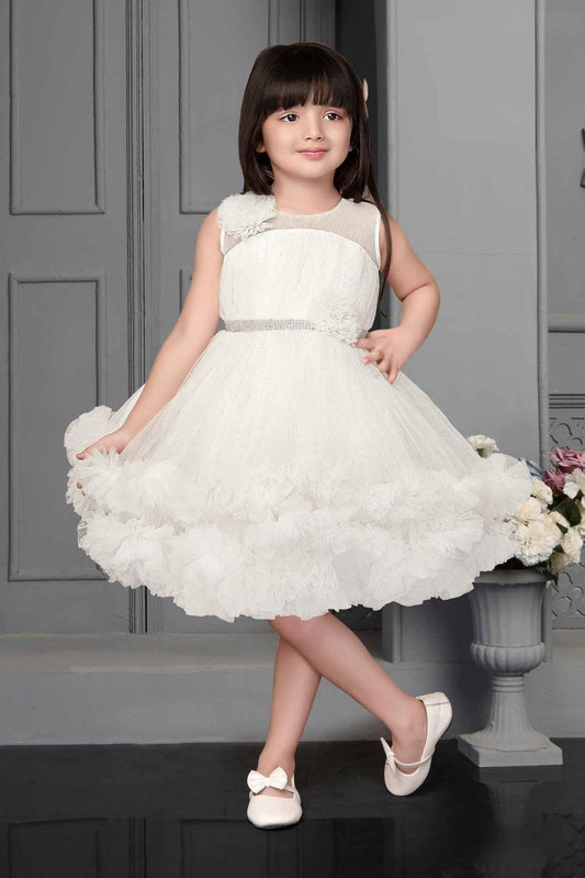 White Ruffle Frock With Floral Embellishment For Girls - Lagorii Kids