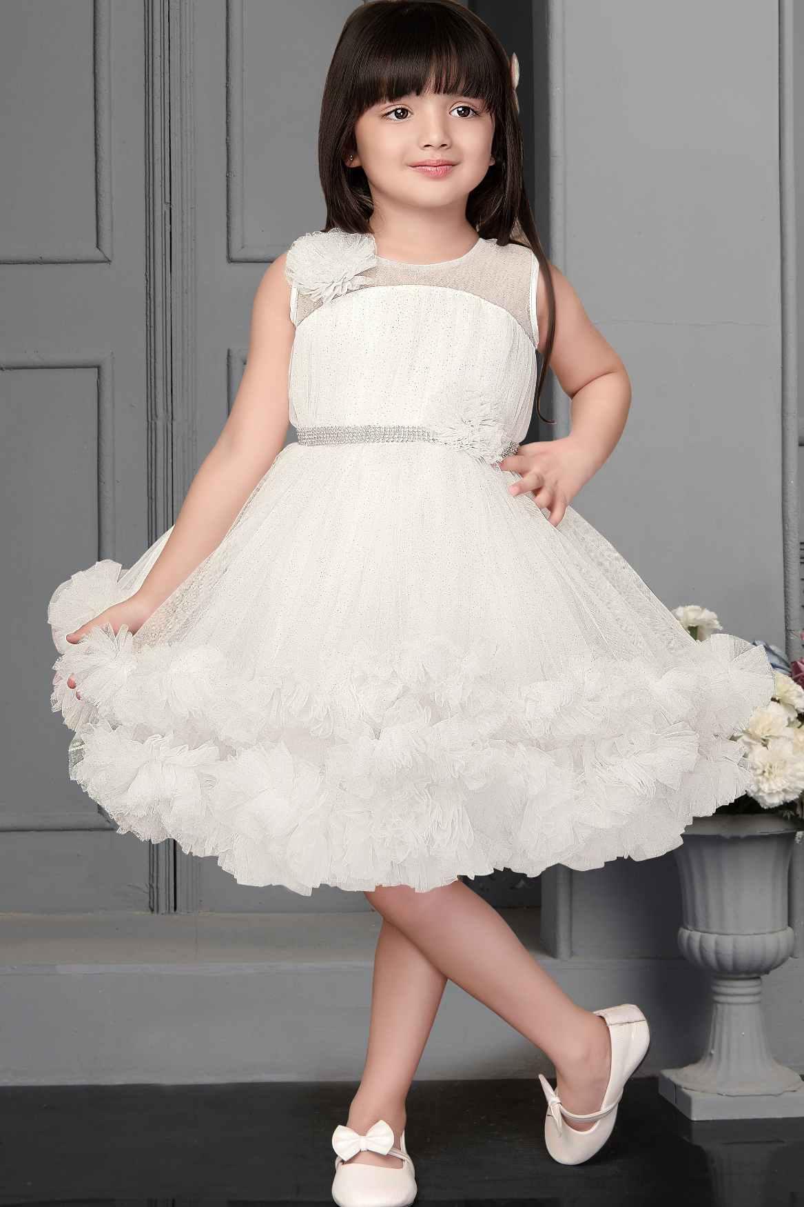 White Ruffle Frock With Floral Embellishment For Girls - Lagorii Kids