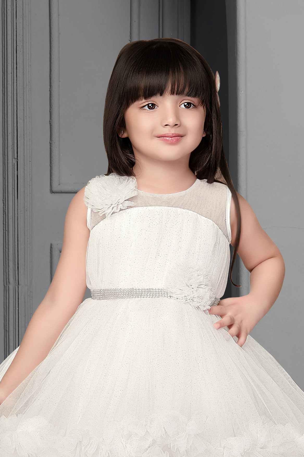 White Ruffle Frock With Floral Embellishment For Girls - Lagorii Kids