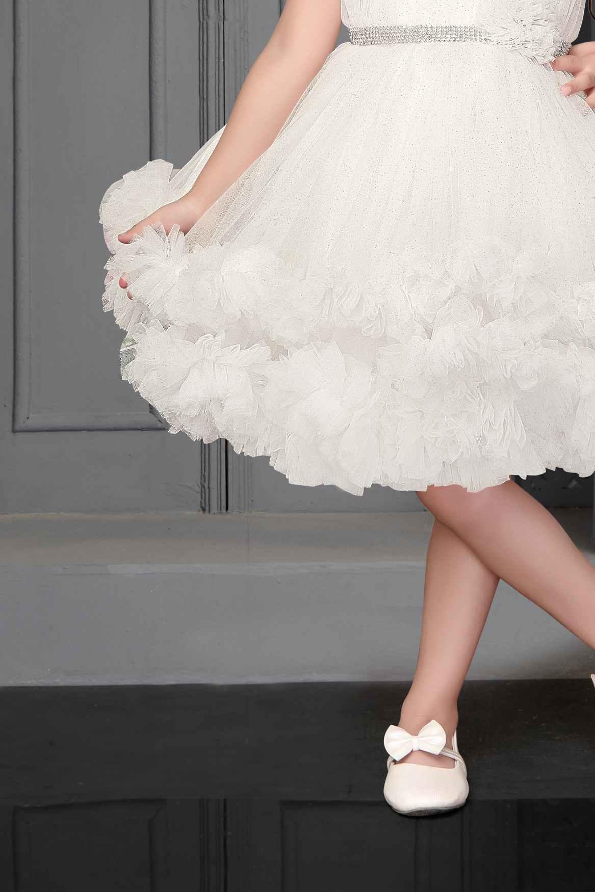 White Ruffle Frock With Floral Embellishment For Girls - Lagorii Kids