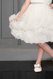 White Ruffle Frock With Floral Embellishment For Girls - Lagorii Kids