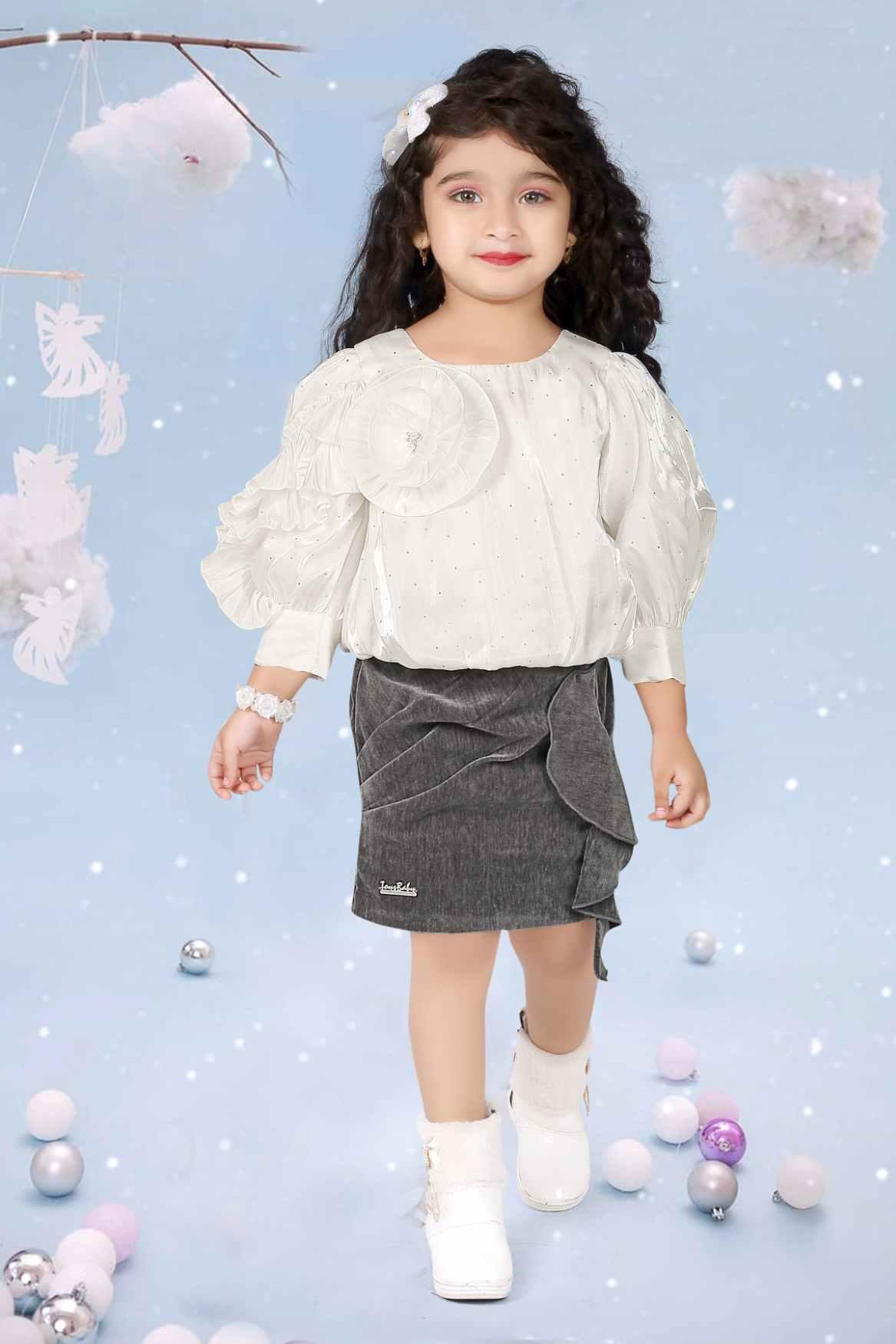 White Ruffled Victorian Sleeves Top With Grey Skirt Set For Girls - Lagorii Kids